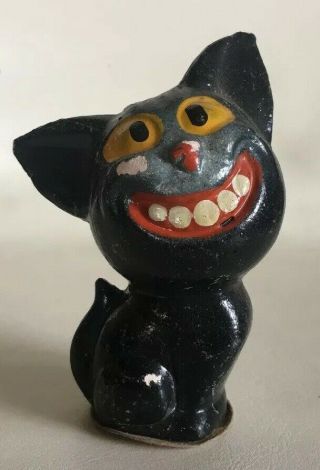 Vtg Halloween 4 " Germany Cheshire Black Cat Scary Spooky Smiling Rare Decoration