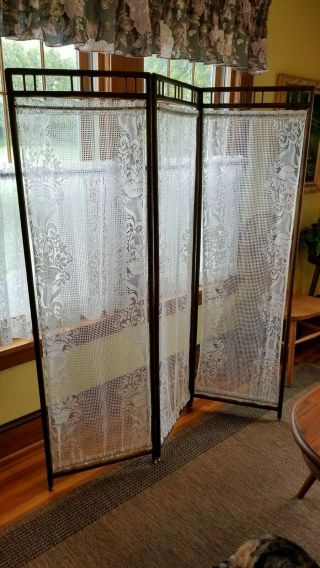 3 Panel Folding Privacy Country Antique Vintage Wood Room Screen Divider Lace
