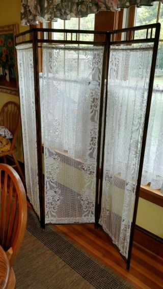 3 Panel Folding Privacy Country Antique Vintage Wood Room Screen Divider lace 3