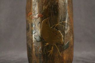 Vintage KIRI WOOD IKEBANA Crown Flower Art Vase Bird & Flower Copper Liner 10.  5 
