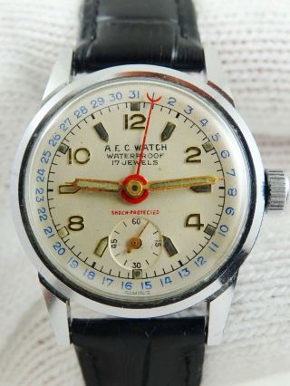 E.  Rare A.  E.  C.  Watch 17 J.  Vintage Pointer Date Sub Second Swiss Mens Watch 50s