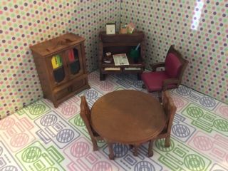 Sylvanian Families Rare Vintage Roll Top Desk,  Bookcase,  Table And Chairs