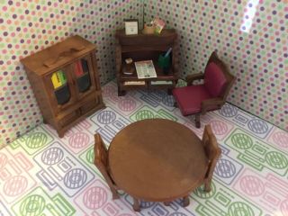 SYLVANIAN FAMILIES RARE VINTAGE ROLL TOP DESK,  BOOKCASE,  TABLE AND CHAIRS 2