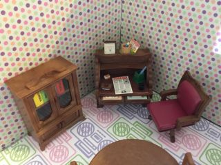 SYLVANIAN FAMILIES RARE VINTAGE ROLL TOP DESK,  BOOKCASE,  TABLE AND CHAIRS 4