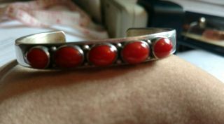 Vintage Navajo Daniel Mike 925 Sterling Silver Red Coral Cuff Bracelet Old Pawn