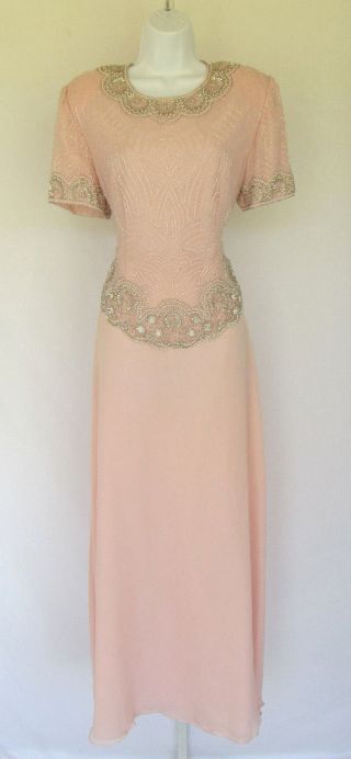 Vtg 1970s 80s Laurence Kazar Silk Sequin Beaded Top & Skirt Pink Size 10 Pearls