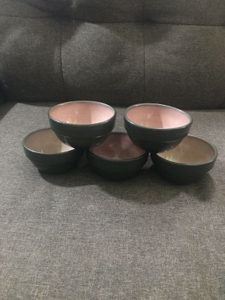 Set Of 5 Vintage Heath Ceramics Green & Rose Rim Line Dessert/mini Bowls