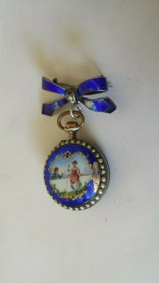 Victorian Guilloche Cobalt Blue Sterling Silver Seed Pearl Enamel Fob Watch
