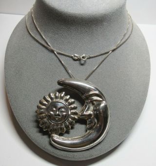 Vtg Sterling Silver Moon Sun Combination Pendant Pin Brooch 30 " Necklace Mexico