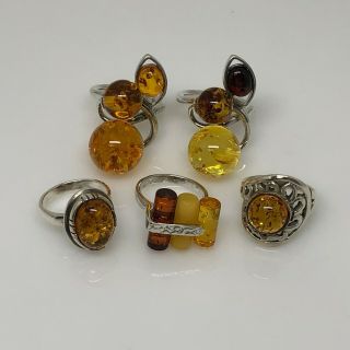 Wm 925 Sterling Silver Amber Of 5 Rings 33.  9g