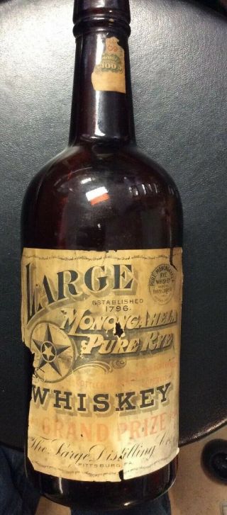 Vintage Quart Large Monongahela Pure Rye Whiskey Bottle Wood Cork