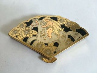 Vtg Wadsworth Art Deco Lady Godiva Fan Shaped Powder Compact Mirror