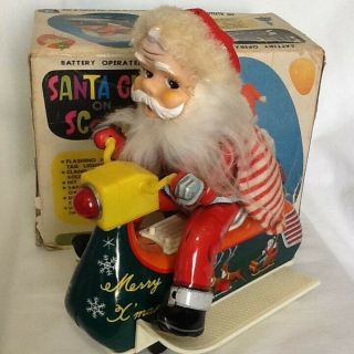 Boxed Vintage Santa Claus On Scooter Tinplate Battery Operated Toy Japan C1960