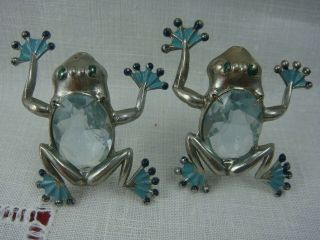 Vintage Pot Metal Crystal Belly Frog Blue Enamel Set Of 2 Pin Brooches 4