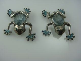Vintage Pot Metal Crystal Belly Frog Blue Enamel Set Of 2 Pin Brooches 5