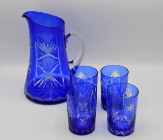 Vintage Cobalt Blue Cut To Clear Crystal Water Pitcher & 4 Tumblers