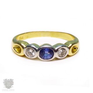 Estate Vintage Solid 18k Yellow & White Natural Blue Sapphire & Diamond Ring
