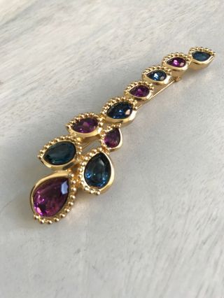 Vintage Christian Dior Gold Brooch With Blue And Purple Crystals Rare