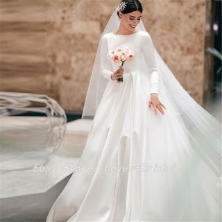 Vintage White/ivory A - Line Wedding Dresses Long Sleeves Satin Bridal Gown Plus