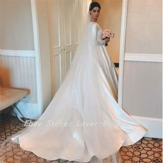 Vintage White/Ivory A - Line Wedding Dresses Long Sleeves Satin Bridal Gown Plus 4