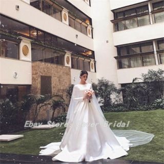 Vintage White/Ivory A - Line Wedding Dresses Long Sleeves Satin Bridal Gown Plus 5