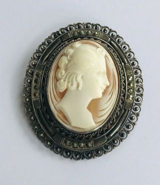 Victorian Shell Cameo Brooch Silver Setting Marcasites