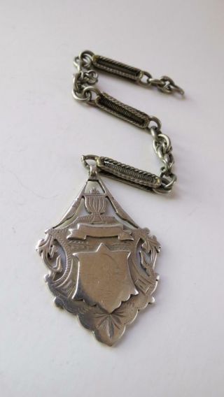 Antique 1898 Sterling Silver Shield Medal & 7 " White Metal Fancy Bar Link Chain