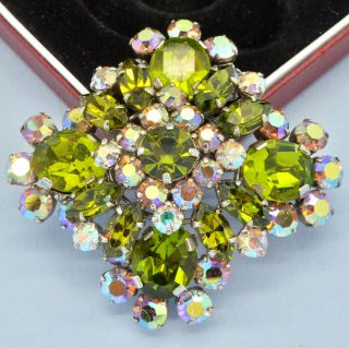 Vintage Brooch Juliana 1960s Green & Aurora Borealis Crystal Goldtone Jewellery