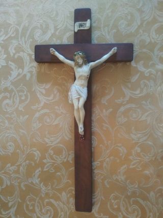 Large Vintage Wooden Hand - Painted Wall Crucifix 21 " - Priority Mail Ship.