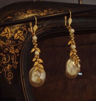 Vintage Baroque Pearl,  Matt Seed Beads Drop Earrings.  Haskell Style