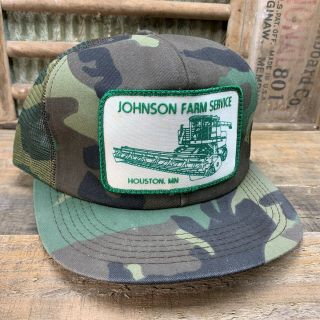Vintage Johnson Farm Camo Mesh Snapback Trucker Hat Cap Patch K Products - Usa