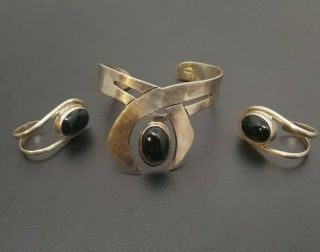 Mexico Silver With Onyx - Bracelet And Earrings (925,  Pierced) Set