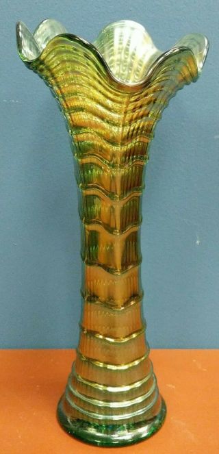 Htf Vtg Imperial Ripple Carnival Glass 12 " Aqua Teal Green Mid - Size Funeral Vase