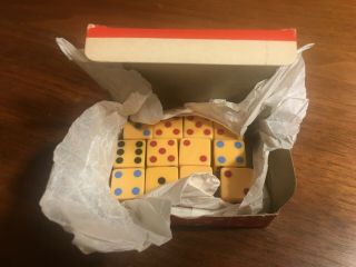 Box Of 12 Vintage Crisloid Bakelite Dice - - Red,  Blue And Black Dots