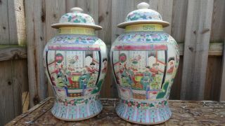 Vintage Pair Chinese Jars Vases Porcelain Covered Lid 16 1/2 X 10 Inches Old