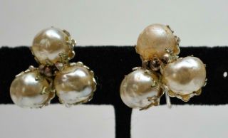 Vintage Signed Miriam Haskell Silvertone 3 Faux Pearls Screw Clip - On Earrings