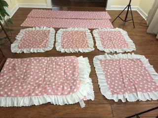 Vtg Daybed Linen Set (7) Piece Pink Polka Dot White Eyelet Valance Pillow Shams