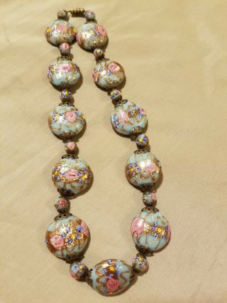 Antique Venetian Murano Glass Bead Necklace Blue/ Pink / Gold Inclusions