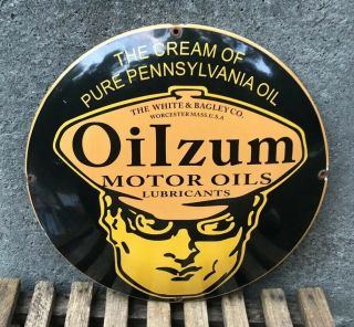 Oilzum Motor Oils Vintage Porcelain Enamel Pump Oil Service Station Sign Dome