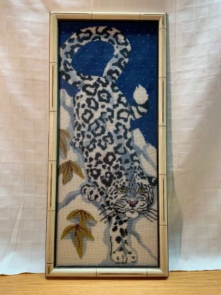 Finished Framed Vintage Needlepoint Picture Snow Leopard Night Sky 11.  5 " X 25.  5 "
