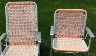 Vtg Aluminum Macrame Folding Chaise Lounge Lawn & Chair Camping Peach Aqua White