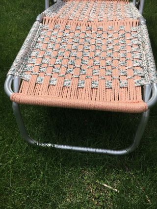 Vtg Aluminum Macrame Folding Chaise LouNge Lawn & Chair Camping Peach Aqua White 3