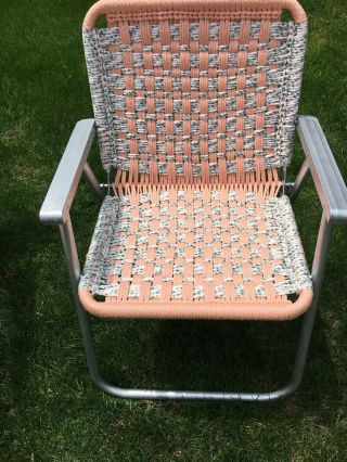 Vtg Aluminum Macrame Folding Chaise LouNge Lawn & Chair Camping Peach Aqua White 4