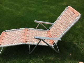 Vtg Aluminum Macrame Folding Chaise LouNge Lawn & Chair Camping Peach Aqua White 5