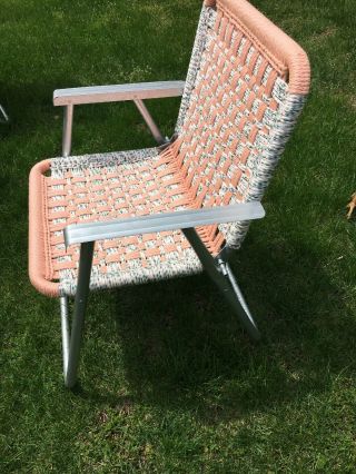 Vtg Aluminum Macrame Folding Chaise LouNge Lawn & Chair Camping Peach Aqua White 6