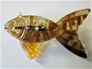 Large Vintage Carved Lucite Fish Brooch 3 1/4 " L Hand Painted Details