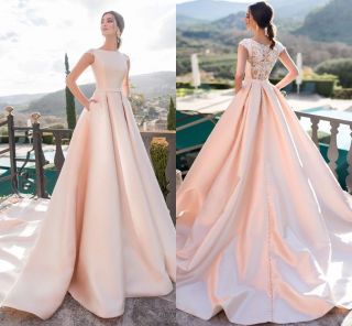 Vintage Wedding Dresses Cap Sleeve Church Satin Princess Pink Bridal Gown Custom