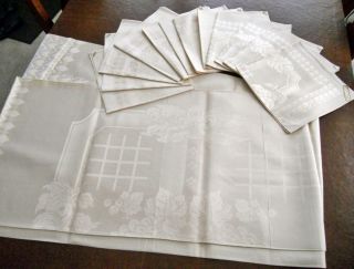 Vtg Damask Linen Tablecloth & 12 Napkins Fruit Pattern 66 X 88