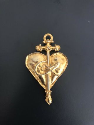 Christian Lacroix Vintage Brooch Gold Tone Heart Cross 1990s Large Cl