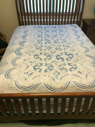 Vintage Blue And White Cotton Chenille Bedspread 102 " By 92 " Queen Size Vguc